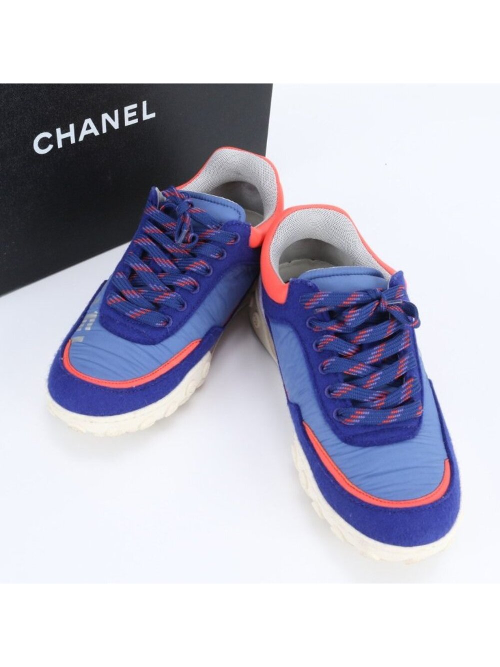 Chanel Blue Leather Nylon Low-Cut Sneakers Lace Up Shoes